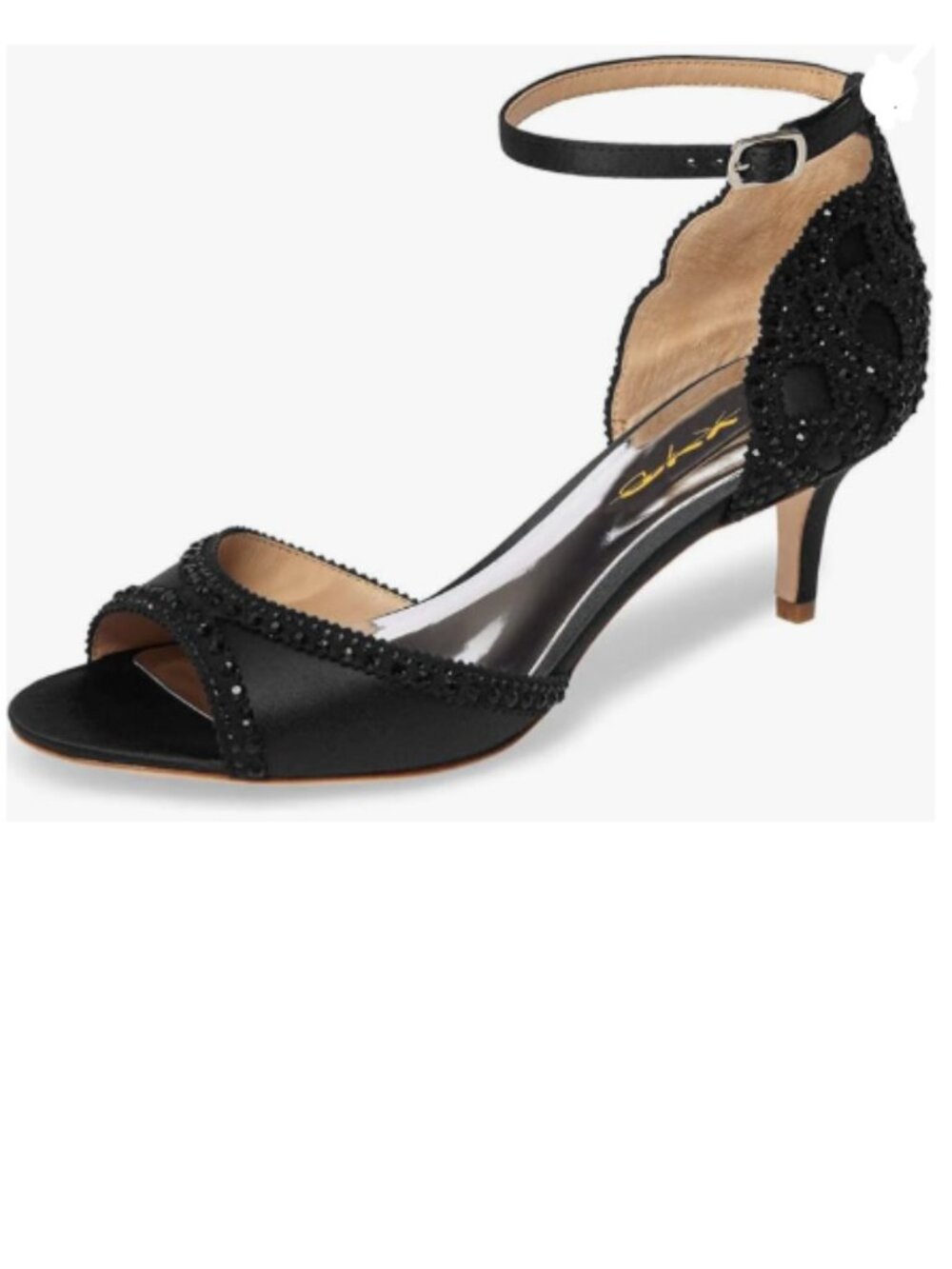 XYD Black Peep Toe D'Orsay Kitten Heel Rhinestone Studs Ankle Strap Satin Sandal